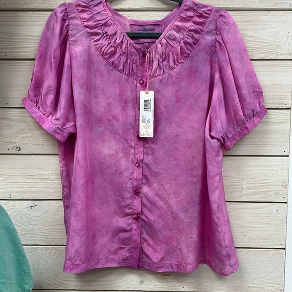 Johnny Was Pink Smocked Short Sleeve Blouse Size M/L - Picture 2 of 4